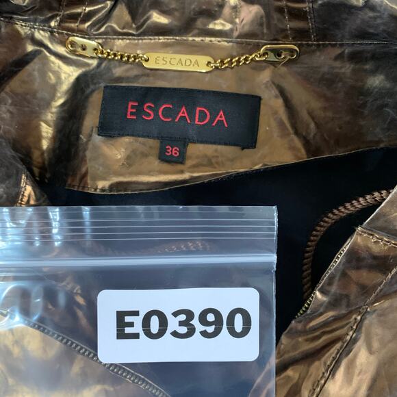 Escada IT36 Small Gold Poly Metallic Zip Up Jacket Crinkle Hooded Designer Lux - Picture 4 of 9